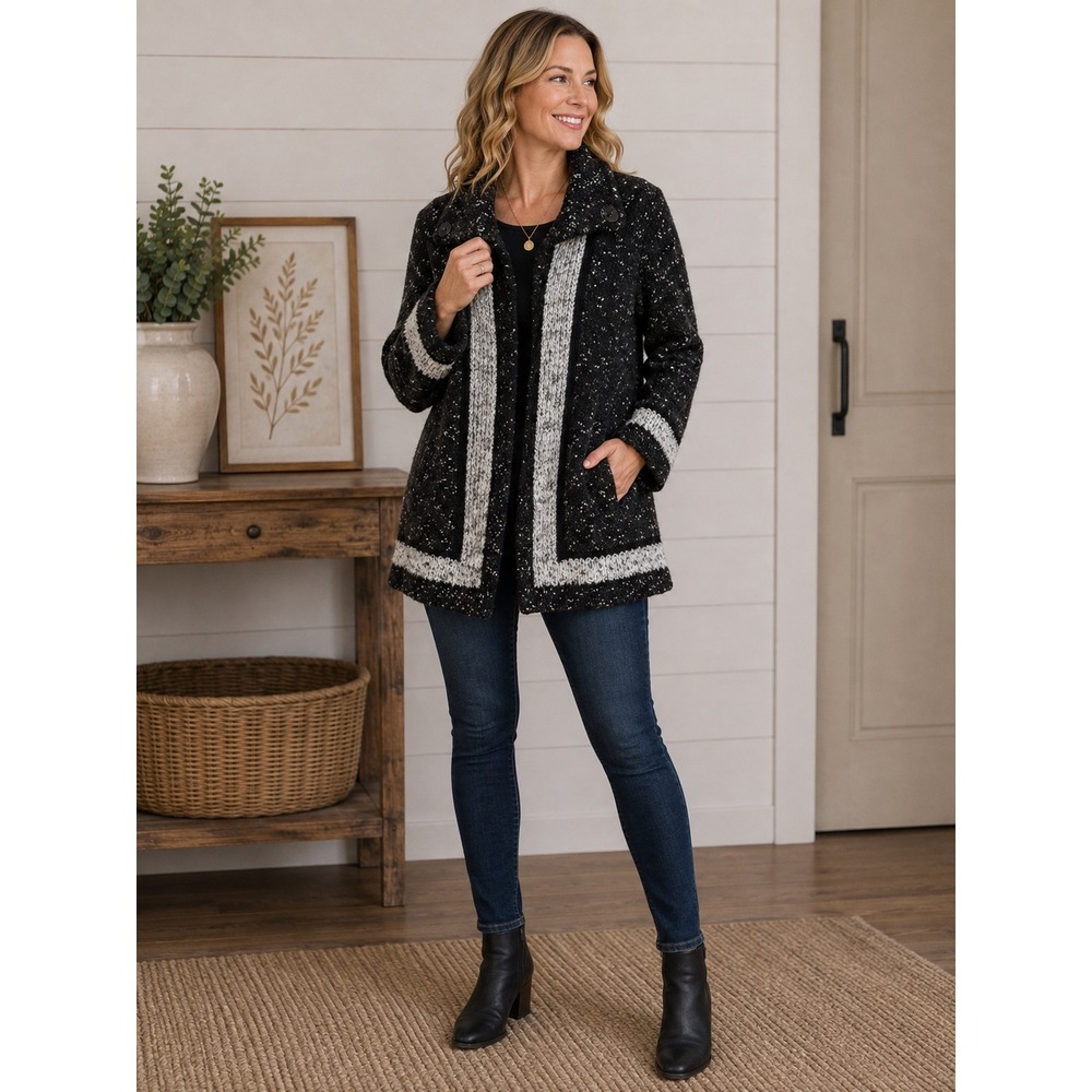 Curio by Right Wool Blend Sweater Coat L Black Gray Lagenlook Artsy Cardigan